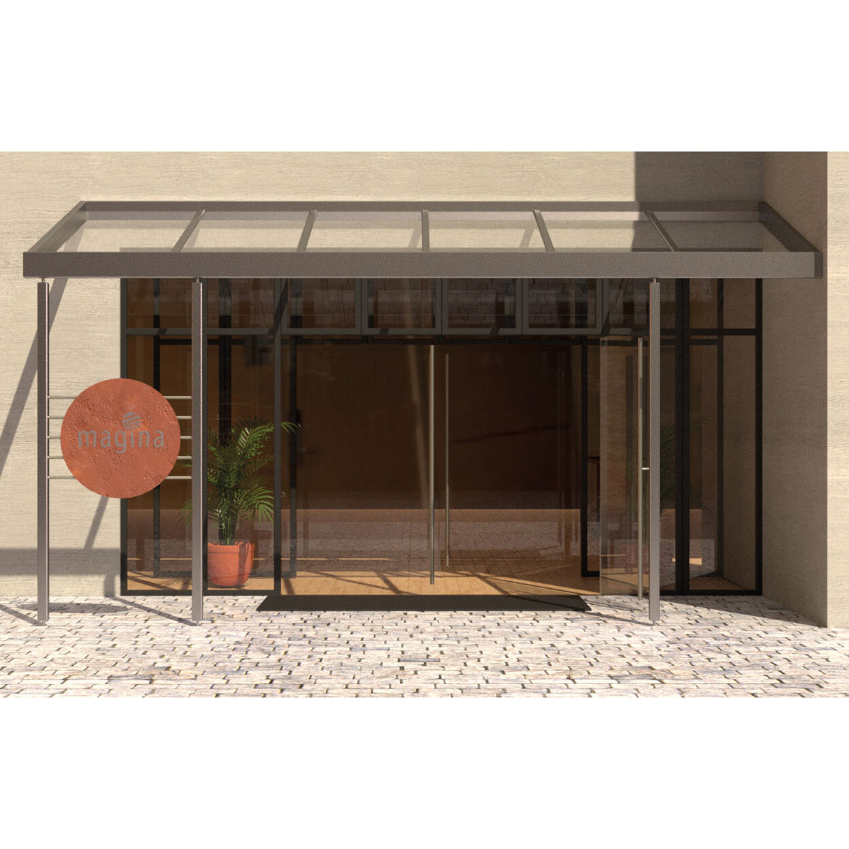 Metal canopy over a doorway with a visible brand logo on a white background