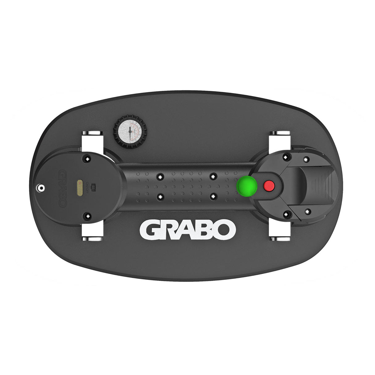 Top-down view of a black Grabo vacuum cleaner base on a solid white background, featuring a circular gauge, a green light, a red button, and the white Grabo logo.