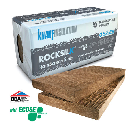 A packaged Knauf Insulation Rocksilk RainScreen Slab product, displaying the brand logo and the product itself, with an additional certification badge for 'ECOSE Technology'.