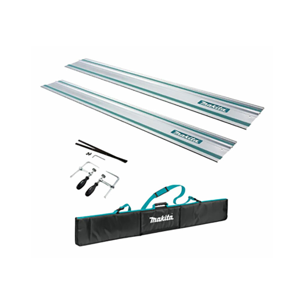 Makita track saw kit with two silver guide rails featuring teal stripes, included with a black carrying case, two black guide bars, and three mounting tools, all displayed on a clean white background.