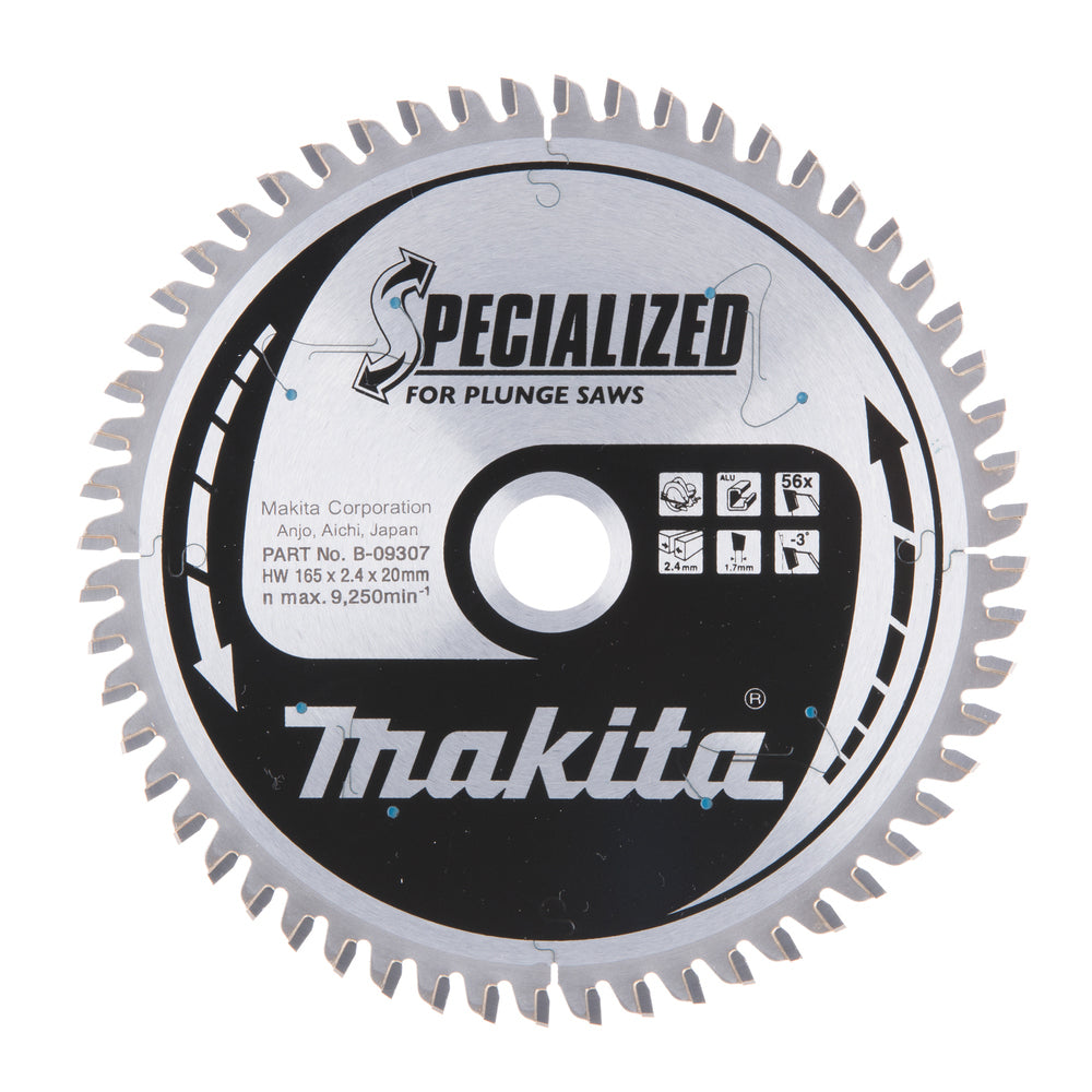 Makita specialized plunge cutting saw blade with teeth, mainly silver in color, with brand logo and product information printed on the blade.