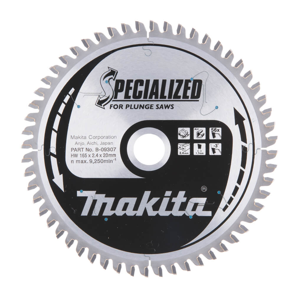 Makita specialized plunge cutting saw blade with teeth, mainly silver in color, with brand logo and product information printed on the blade.