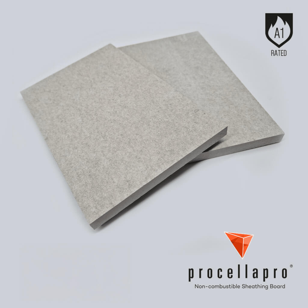 Two gray ProcellaPro A1 non-combustible calcium silicate-based sheathing boards are placed side by side on a white background with the ProcellaPro brand logo visible.