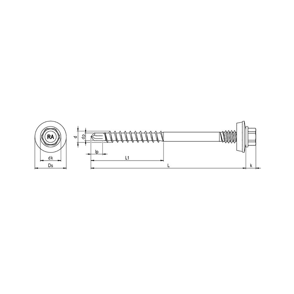 CF-RP-r-P Sandwich drilling screw, Hexagon head with pressed-on washer, 6.0 x 78, Partial thread (L1), AF 8, Bimetal (stainless steel A2/steel), RUSPERT®, E16, 100 Pcs.