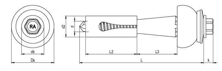 CF-DSH-2-Z Distance set, Hexagon head with pressed-on washer, 6.3 x 70 (29-33), Partial thread (L1), AF 8, Bi-metal (A2 stainless steel/steel)/plastic, RUSPERT®, E19+SD24, 100 Pcs.