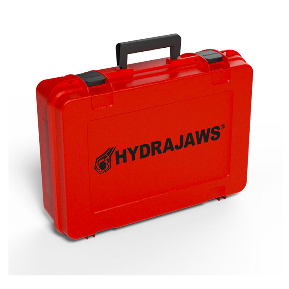 A bright red hard plastic carrying case with a black handle and black latches, featuring the HYDRAJAWS logo printed in black on the front, set against a plain white background.