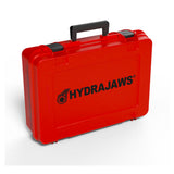 A bright red hard plastic carrying case with a black handle and black latches, featuring the HYDRAJAWS logo printed in black on the front, set against a plain white background.