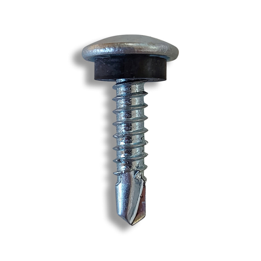 A single, vertical Certifix PCT2LS self-drilling screw with a pan head, a black epdm washer, shown on a plain white background.