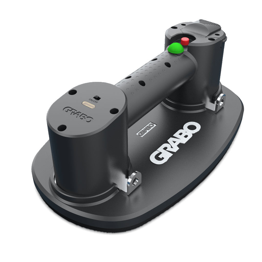Angled photo of a Black Grabo Plus vacuum lifting machine component with 'GRABO' branding on a white background. Facing left