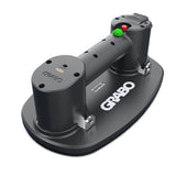 Angled photo of a Black Grabo Plus vacuum lifting machine component with 'GRABO' branding on a white background. Facing left