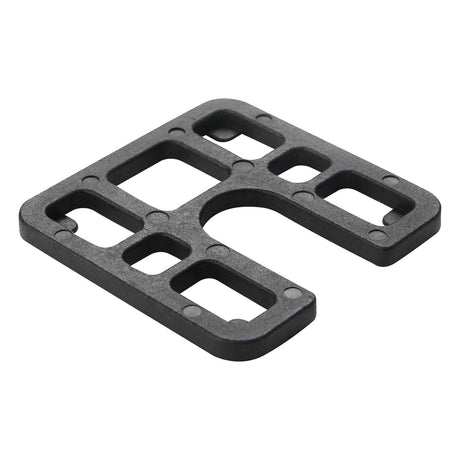 A black heavy-duty moulded load bearing shim with multiple rectangular and curved cutouts, shown on a plain white background.