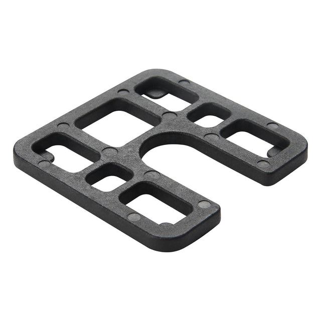 A black heavy-duty moulded load bearing shim with multiple rectangular and curved cutouts, shown on a plain white background.