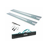 Makita track saw kit with two silver guide rails featuring teal stripes, included with a black carrying case, two black guide bars, and three mounting tools, all displayed on a clean white background.