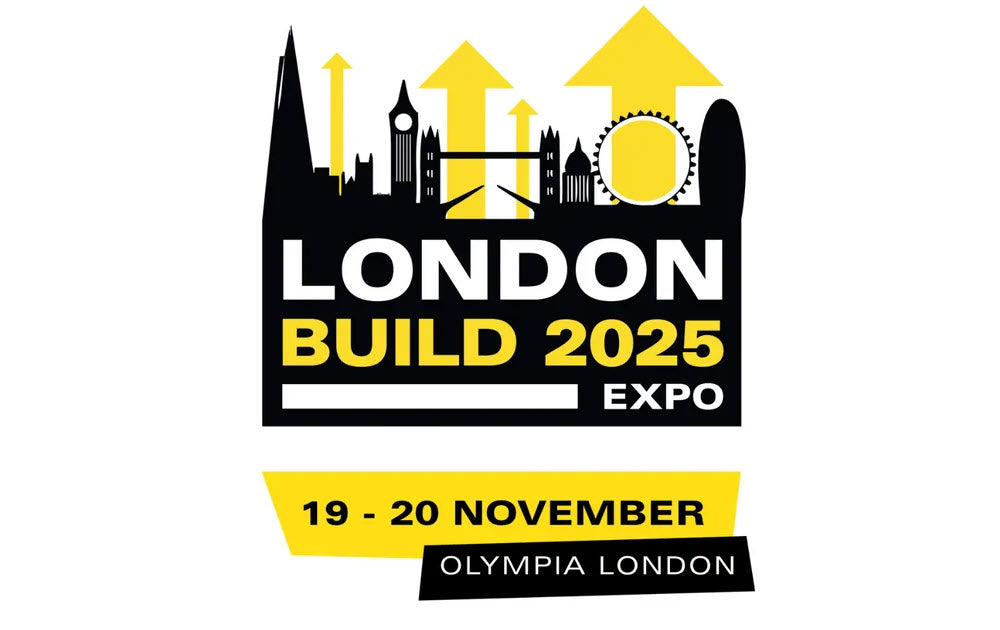 Logo for London Build 2025 Expo with architectural elements and event details.
